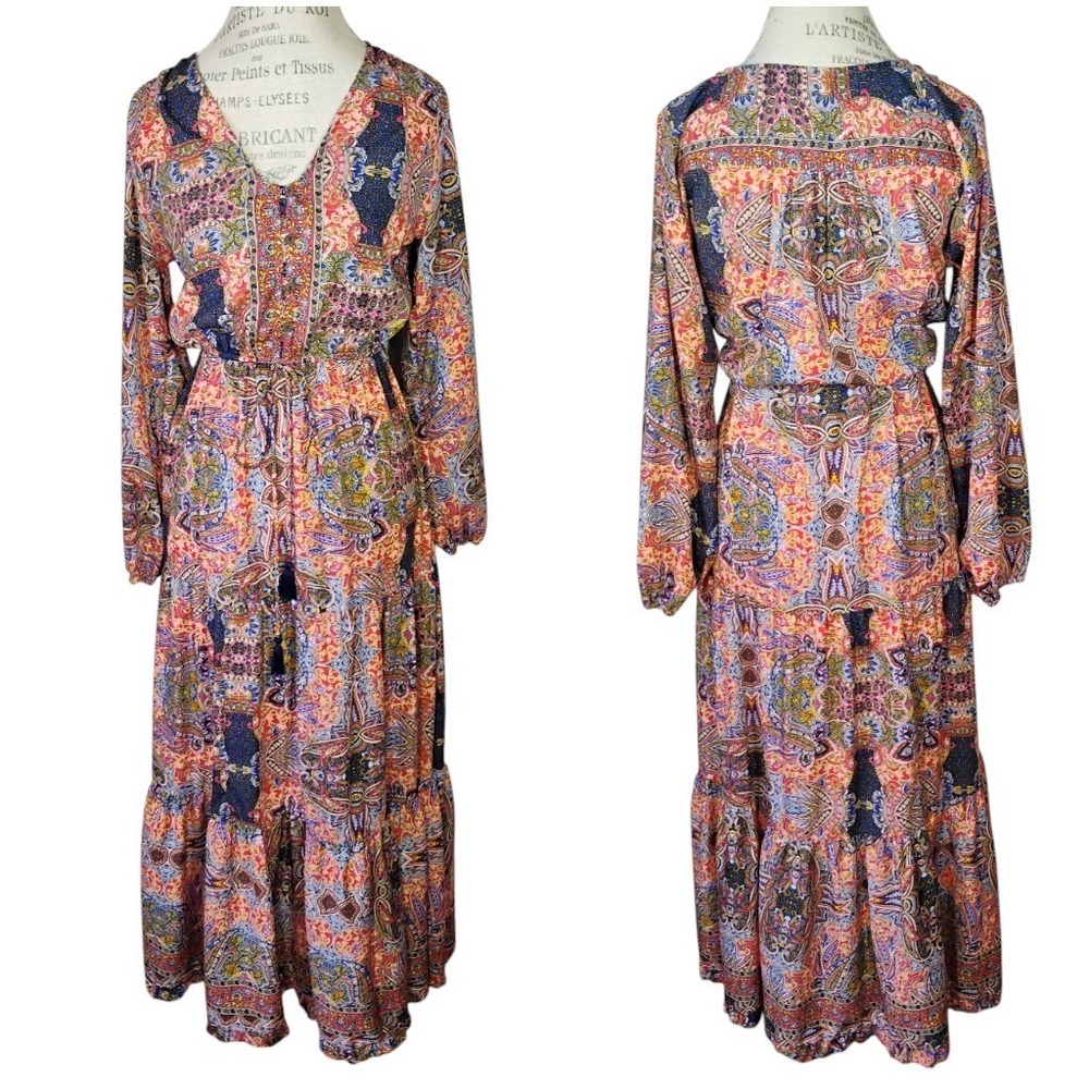 Boemo Maxi Dress Women Size M Paisley Long Sleeve Bohemian Boho Tiered Tassels